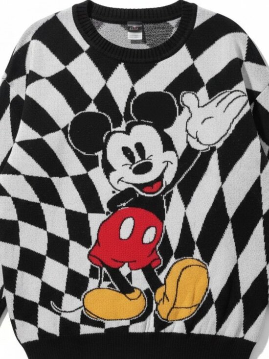 Disney Sweaters - Disney Mickey Mouse Checkerboard Sweater Black White Graphic Retro Streetwear